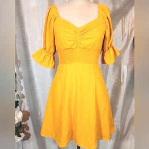 Rechic bohemian Vintage Short Dress, Yellow, Bell Sleeve,Zip, Pleated bust, S/ 2